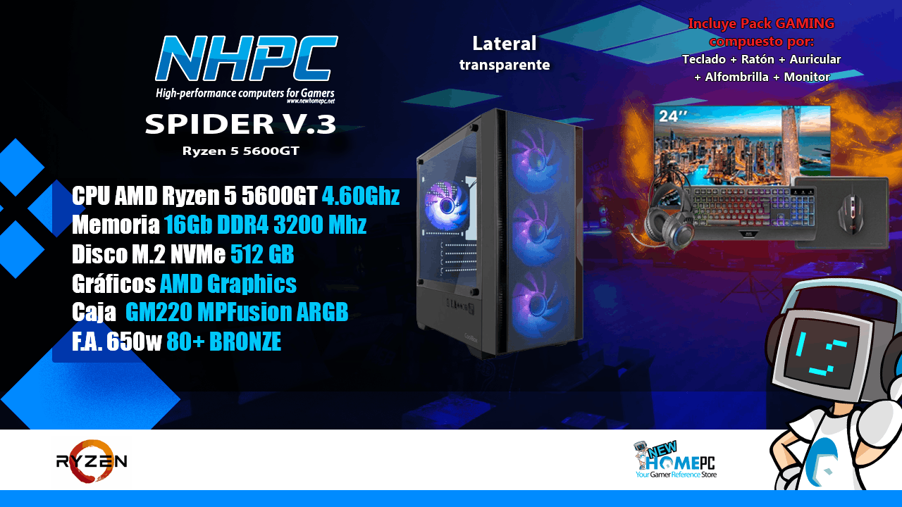 Combo! Pc Gaming NHPC Spider V.3 - Ryzen 5 5600GT - 16Gb - M2 512GB